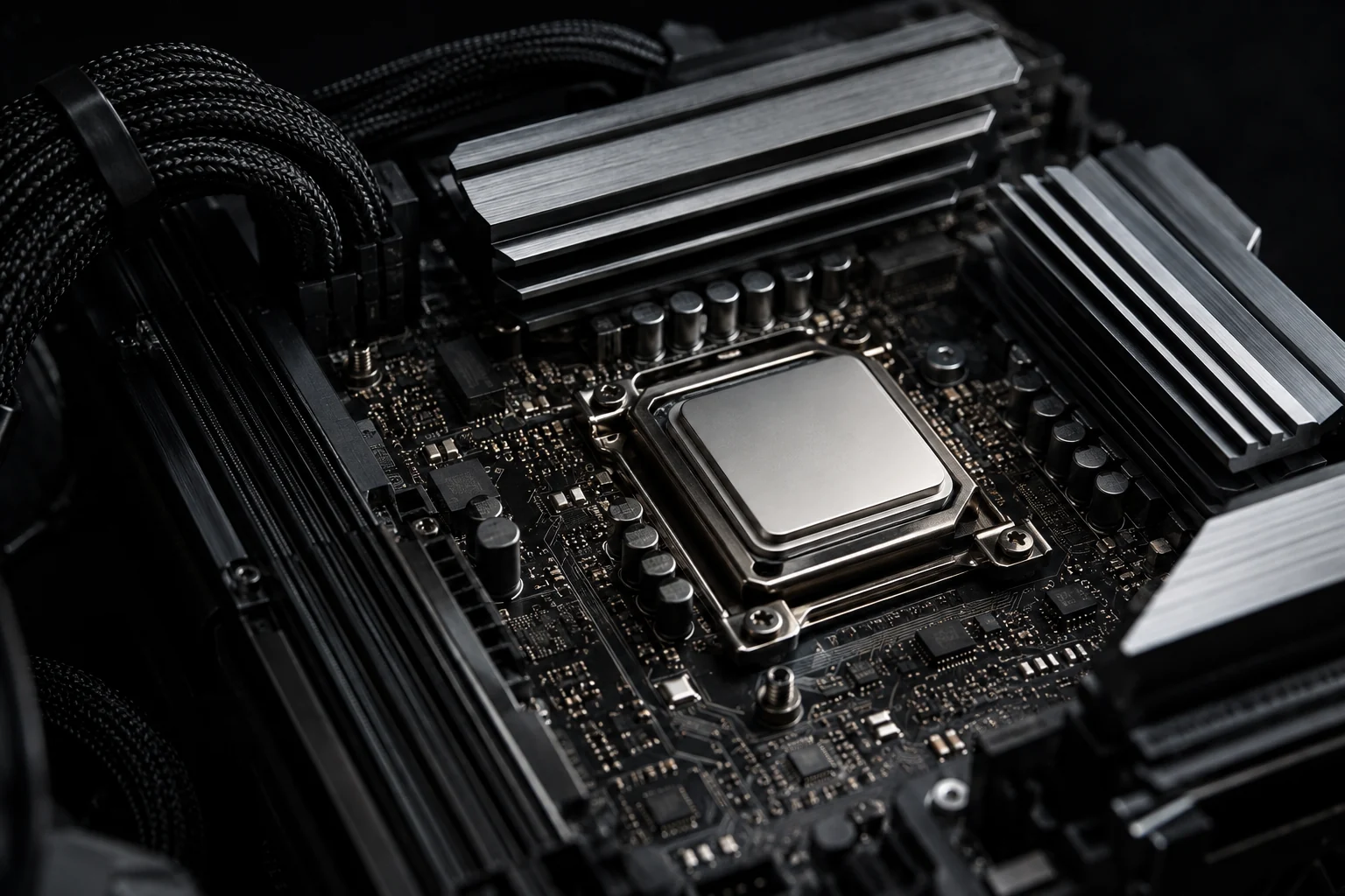 An exposed precision computing module with black boards and machined silver cooling fins.