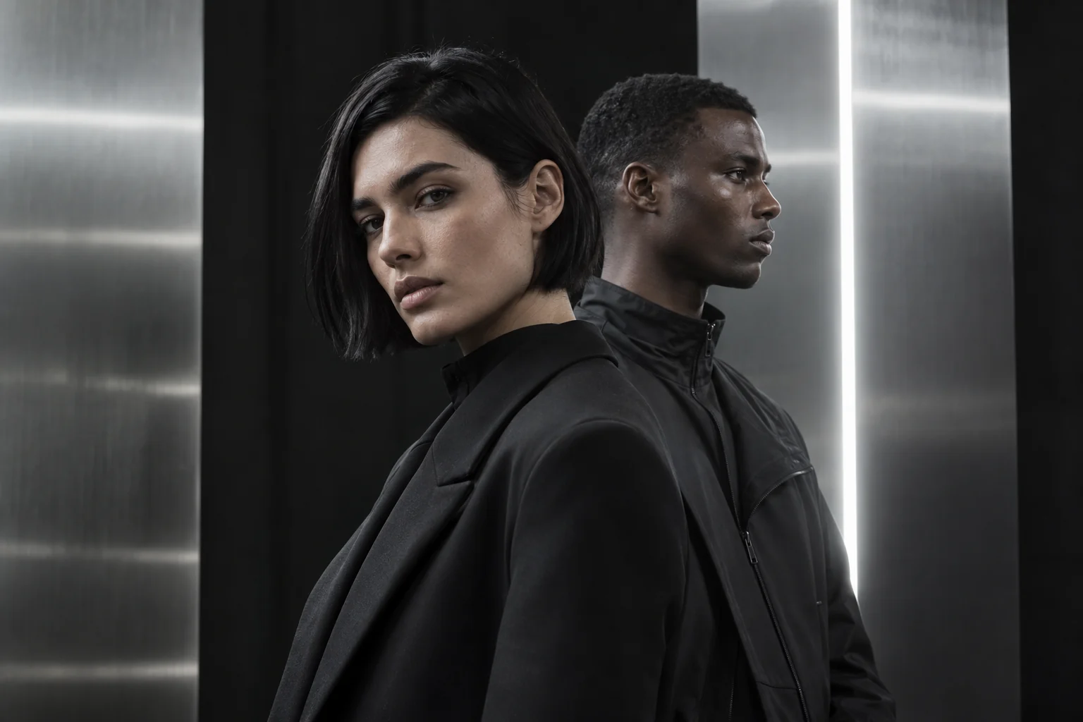 Two adult models in black technical tailoring between brushed aluminium panels.