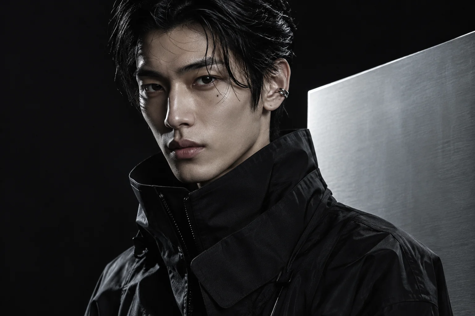 An adult model with sculpted black hair and a technical jacket, lit beside brushed aluminium.