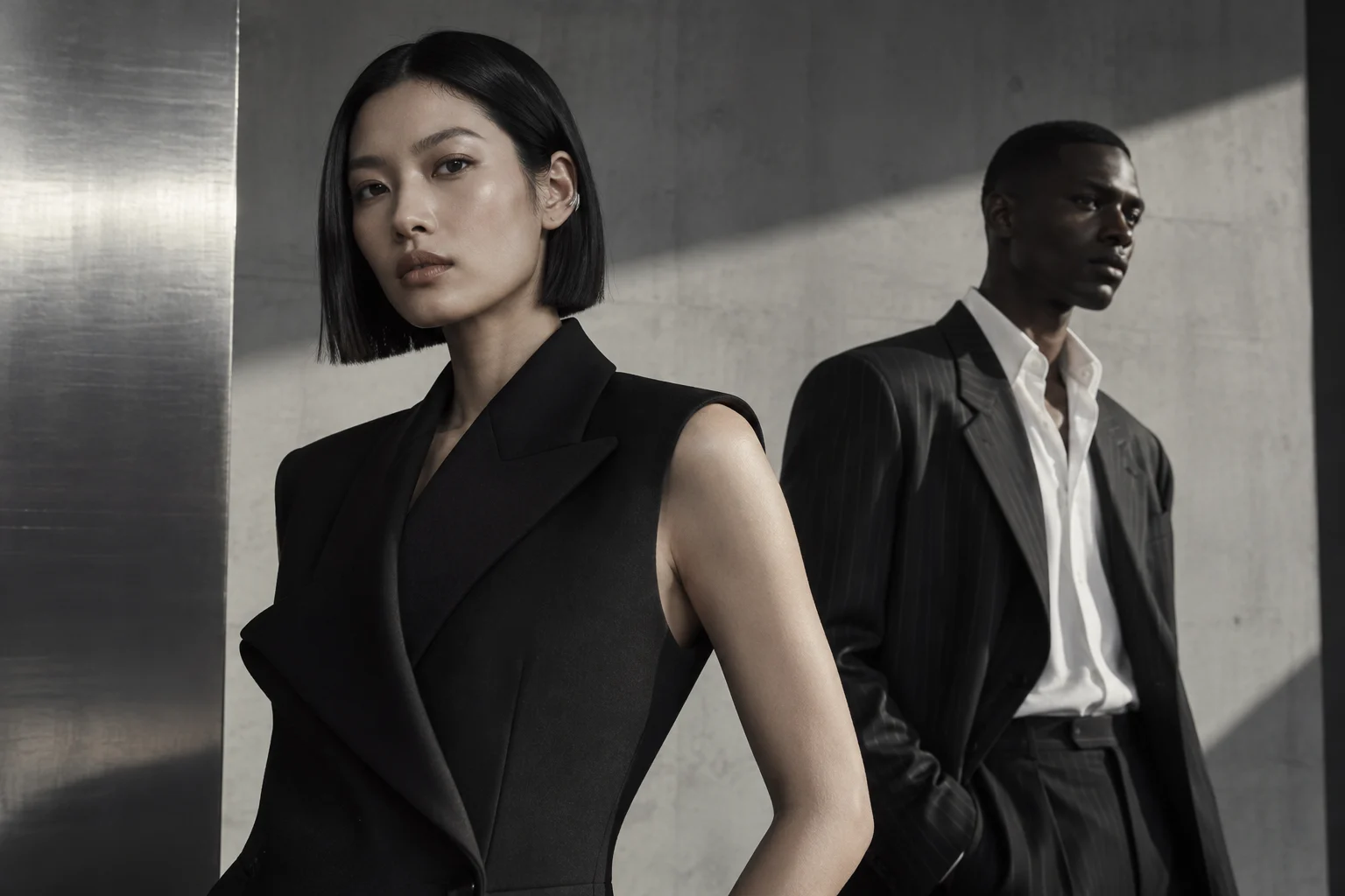 Two adult models in black tailoring against concrete and brushed steel.