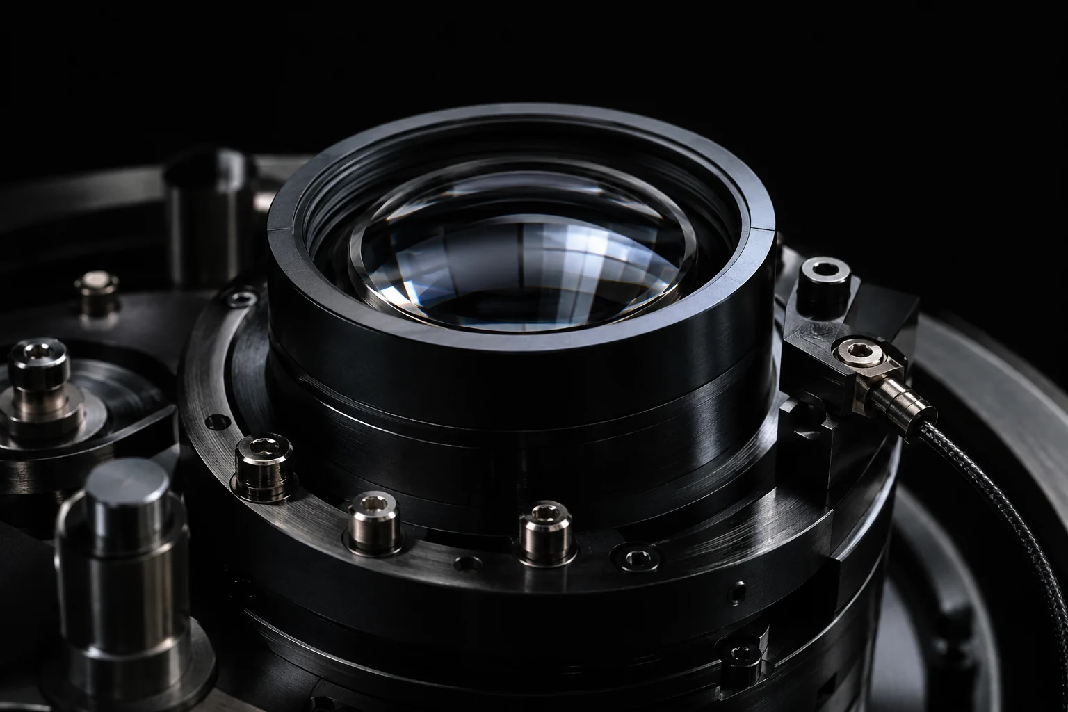 A precision optical assembly with black anodised metal and glass elements.