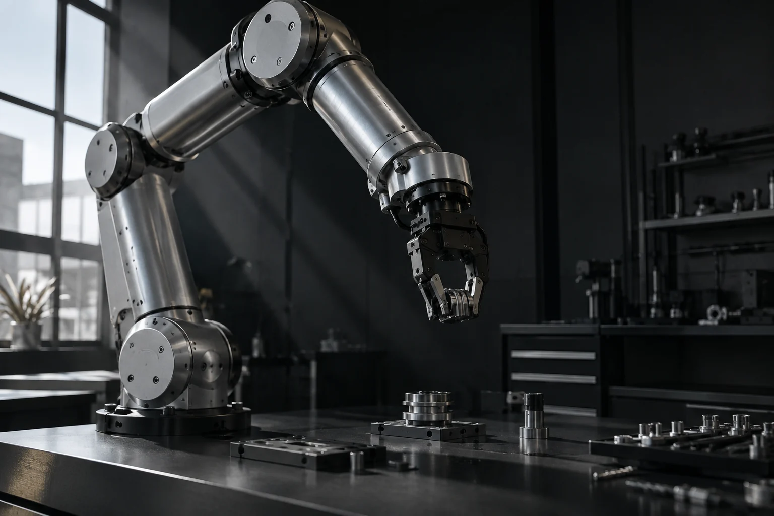 A precision industrial robot arm handling a small metal component in a dark laboratory.
