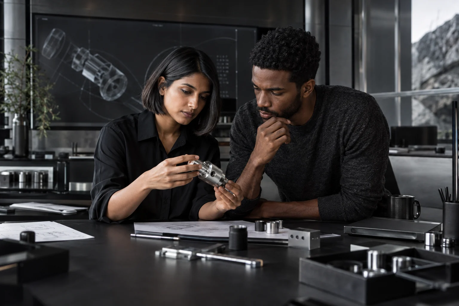 Two adult technical creatives reviewing a prototype in a black and metal studio.